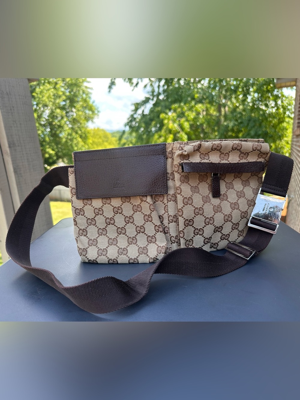 GUCCI GG Monogram Double Pocket Belt Bag in Canvas and Dark Brown